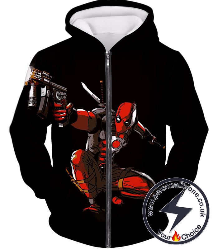 Marvel Comic Hero Red Masked Deadpool Action Black Zip Up Hoodie